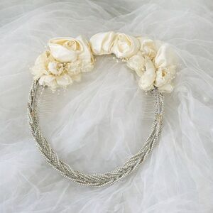Pearl Floral Bridal Halo Veil Crown Ivory Rosette Wedding Fairycore Coquette
